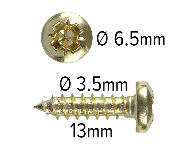 Wood screws 13mm x 3.5mm Pan head Pozi Steel Brass plated pack 1000